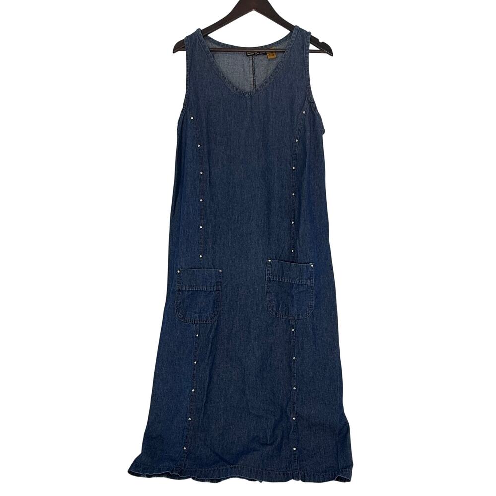 Vintage Denim Maxi Dress XL Studded Pockets